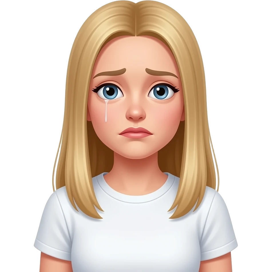 bella ragazza russa bionda capelli lisci lunghi e occhi chiari, con maglietta bianca triste emoji