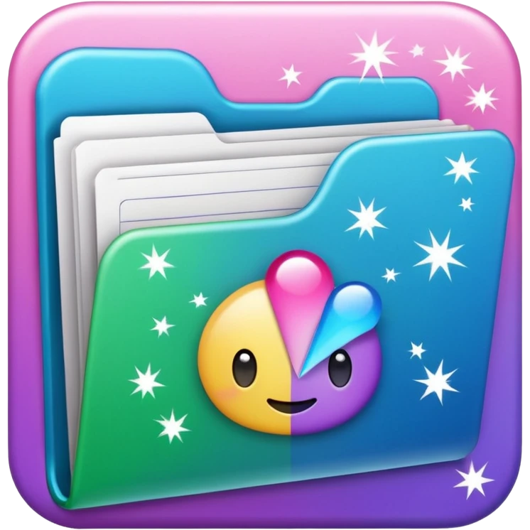 small cute folder icon emoji style, slightly open at the top, several colorful divider tabs peeking out (blue, green, pink, purple), white label area on the front with the word 'Covers', sparkles around the folder emoji