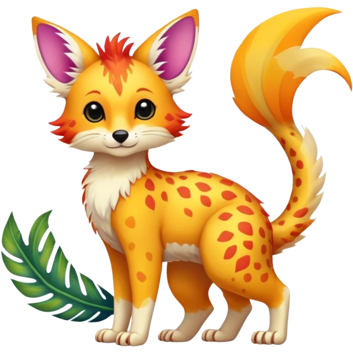 Feral Rare Fantasy vibrant colorful tropical cute, kawaii, cool, ed Vernid-Trico-species by LiLaiRa, random markings, tufted tail, tufted ears, full body, cheek markings emoji