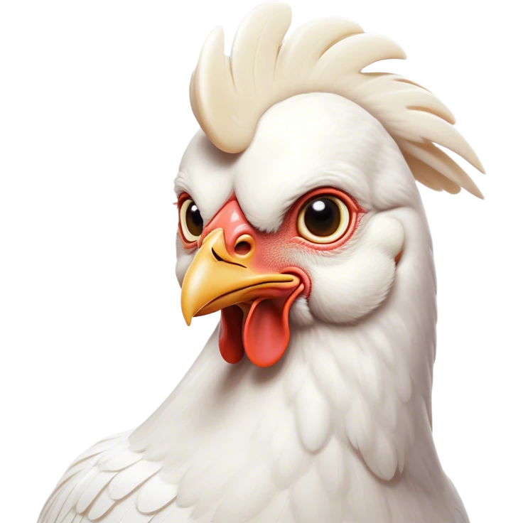 Cinematic Noble White Chicken Portrait Emoji, Poised and regal, with a compact, sturdy build and a pristine, well-groomed pure white plumage, deep-set soulful beady eyes, Simplified yet sharp and sophisticated features, highly detailed, glowing with a soft, dignified glow, high shine, intelligent and alert, stylized with an air of barnyard elegance, focused and attentive, soft glowing outline, capturing the essence of a watchful and confident fowl, so majestic it feels as though it could strut out of the screen with effortless authority! emoji