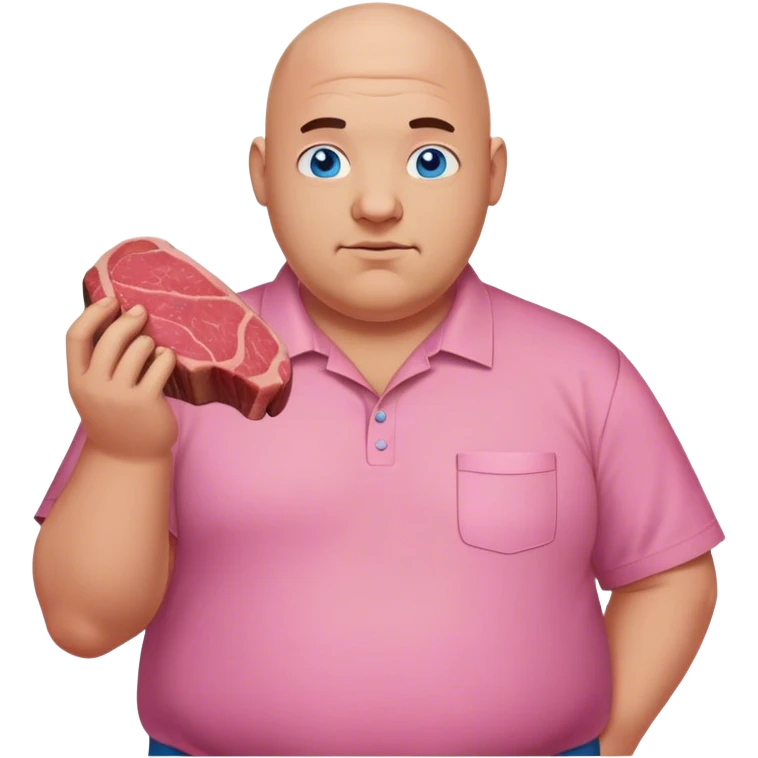 a bald guy with pink shirt and blue eyes, that is fat, holding a steak emoji