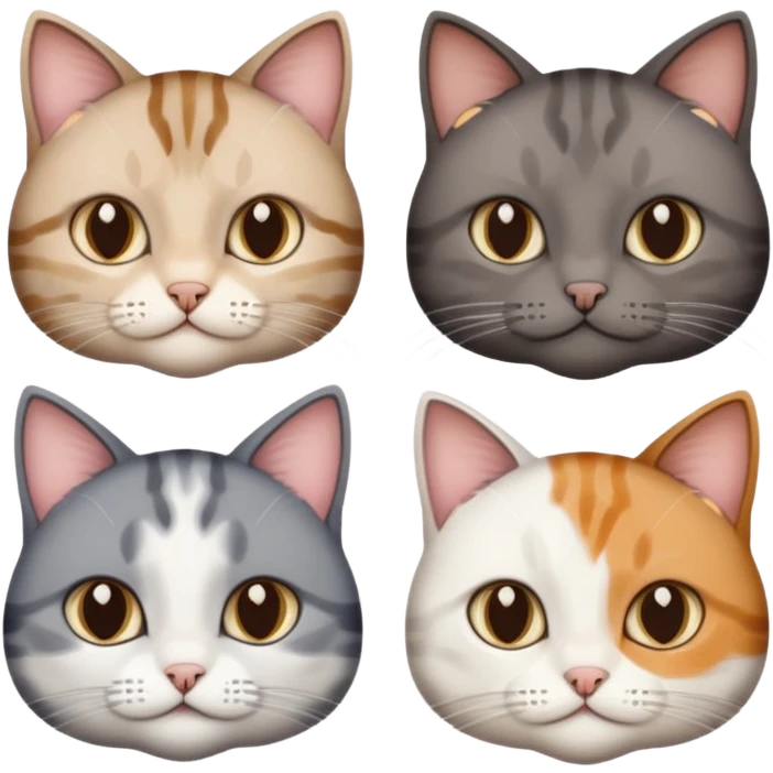 4 different coloured short haired cats including; a dark brown tabby and white cat, and a dark grey and white  emoji
