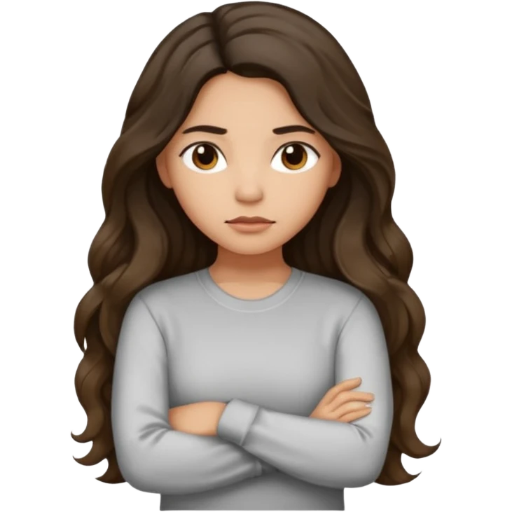 Hispanic light tan girl with long dark wavy hair slightly pouting and arms crossed. Wearing a long sleeve. Hair with middle part. emoji