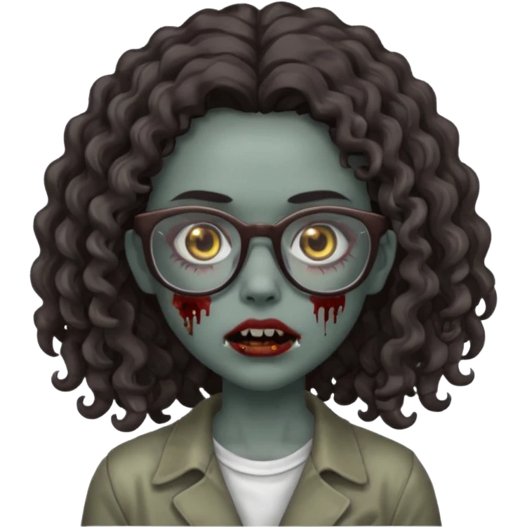 make a zombie girl with grey skin and long dark brown curly hair and glasses emoji