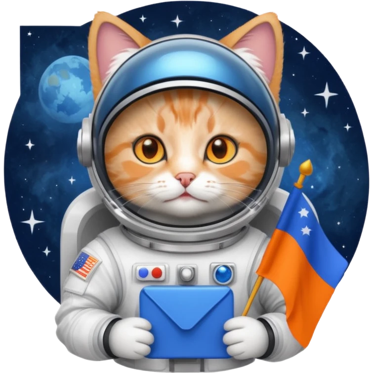 a cat in space suit, holding blue rectangle flag emoji