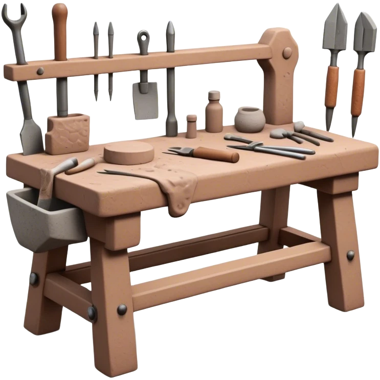 Cinematic Realistic image of a workbench set with a lump of pliable clay and artisanal sculpting tools, rendered with finely detailed textures that reveal subtle clay particles and well-worn tool surfaces, bathed in warm, focused studio lighting emoji