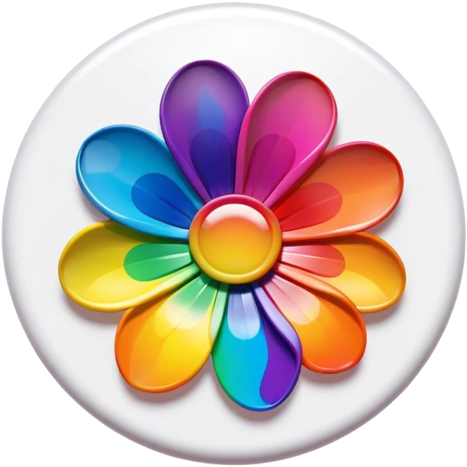 A round 3D style psychedelic colored button with a large rainbow colored flower in the center emoji