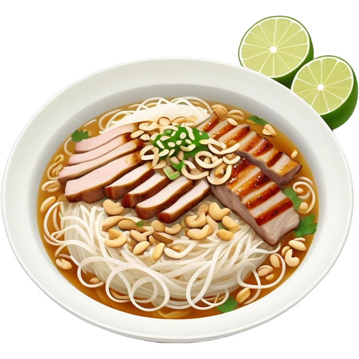 A bowl of Vietnamese Bún Thịt Nướng - rice vermicelli noodles with grilled pork, herbs, bean sprouts, and fish sauce emoji