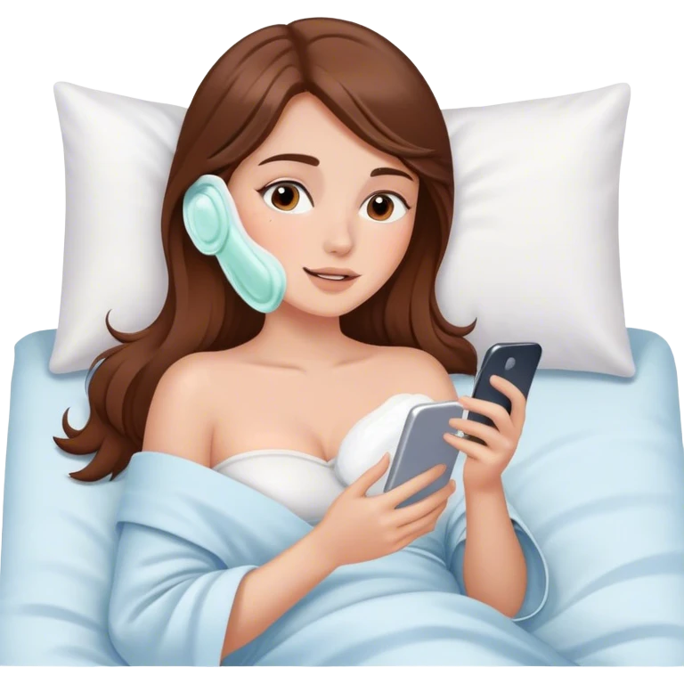Brown hair Girl having skincare on, laying In bed using phone  emoji