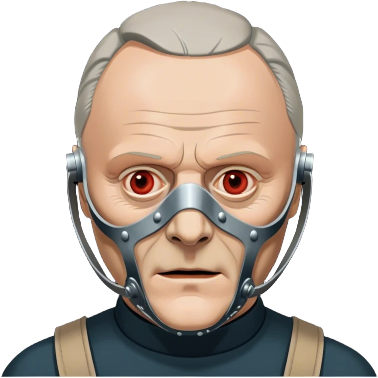 Icon for Hannibal Lecter (Anthony Hopkins): A chilling design with a close-up of Hannibal's face wearing the iconic muzzle mask. Dark, ominous background with sharp lighting to emphasize his intense gaze. A sinister, psychological thriller atmosphere. Transparent background. emoji