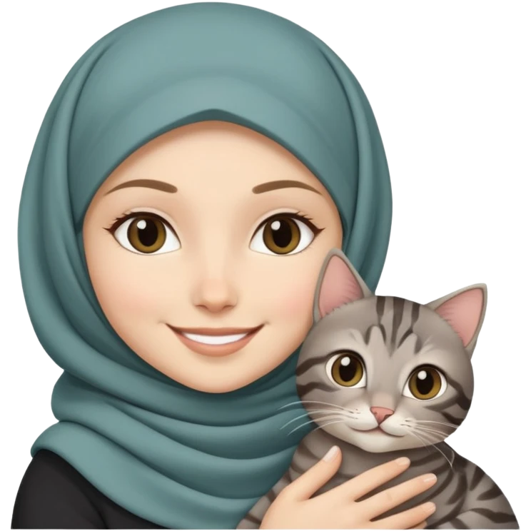 Hijab White girl smiling while holding a black grey tabby cat emoji