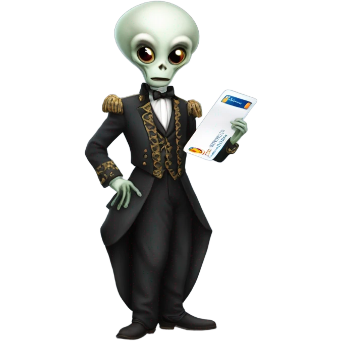 alien galora in Victorian dress elegant, full body, holding big credit card emoji