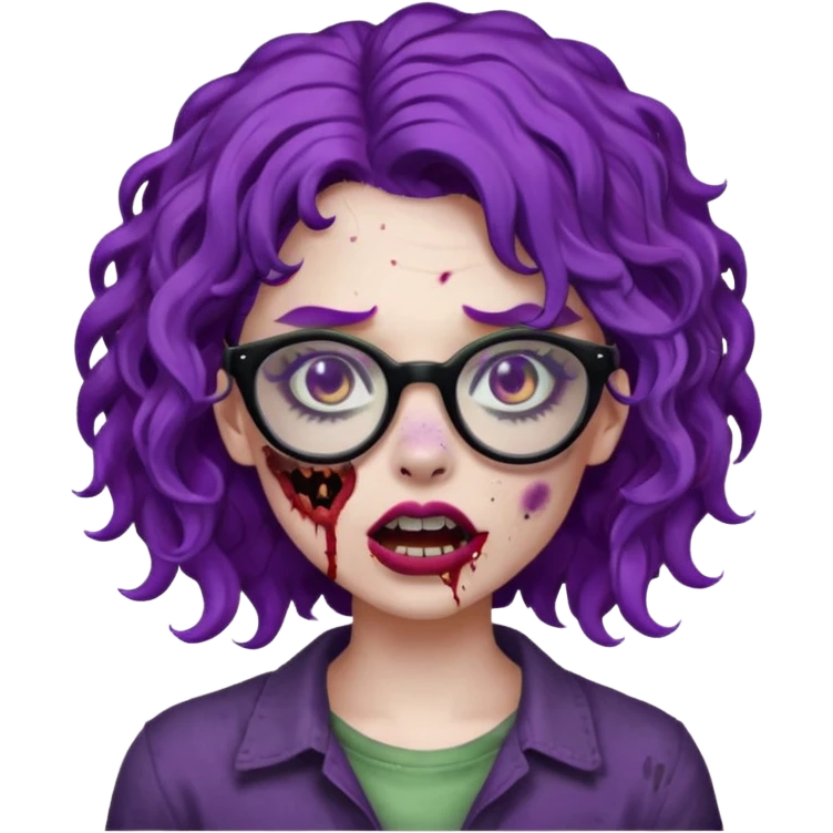 Crie uma garota zumbi com cabelo cacheado roxo, óculos preto e sardas com a boca meio cortada do lado emoji