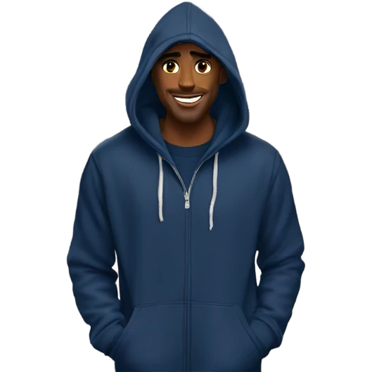 man wearing a navy colored hoodie standing in front of charlotte, nc city skyline emoji