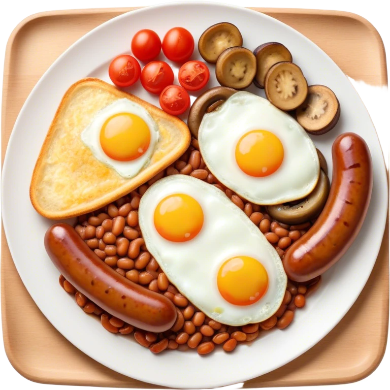 English Breakfast Cinematic Realistic English Breakfast Dish Emoji, depicted as a hearty plate featuring 2 sizzling sausages, a central serving of baked beans, 2 perfectly fried eggs, 2 sliced grilled tomatoes, 2 grilled mushrooms, and a triangle-shaped hash brown, rendered with vivid textures and warm, inviting lighting. emoji