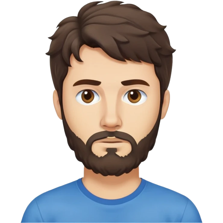 Caucasian Argentine man with wavy dark brown hair, longer loose hairstyle with wavy bangs, short full beard, serious-neutral expression, basic blue t-shirt emoji