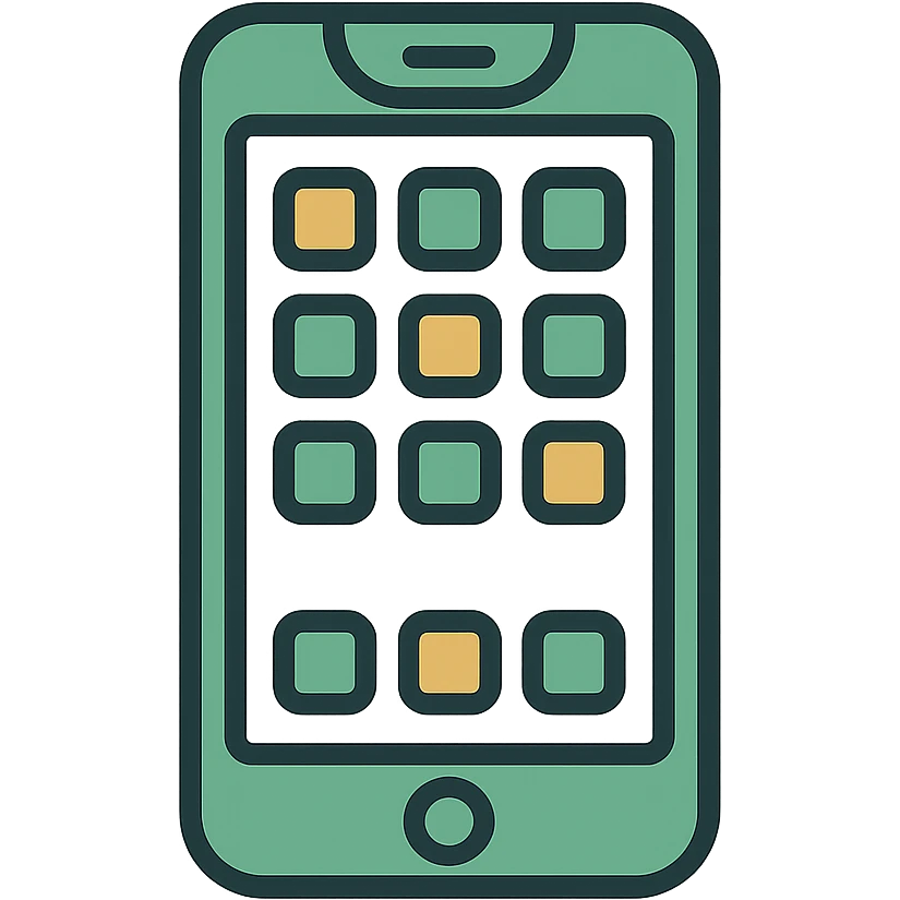 iPhone facing forward with visible app icons, professional style, green gold and white color scheme, bold and clear, suitable for digital use emoji