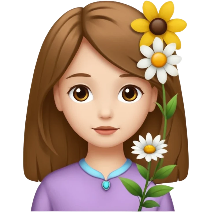 Ein braunhaariges Mädchen (glatte Haare ) mit einen Blume hinter dem ohr lange haare zur Seite kuckend Blume hinter dem rechten Ohr so das man es sieht zur Seite schauen soll das Mädchen  emoji