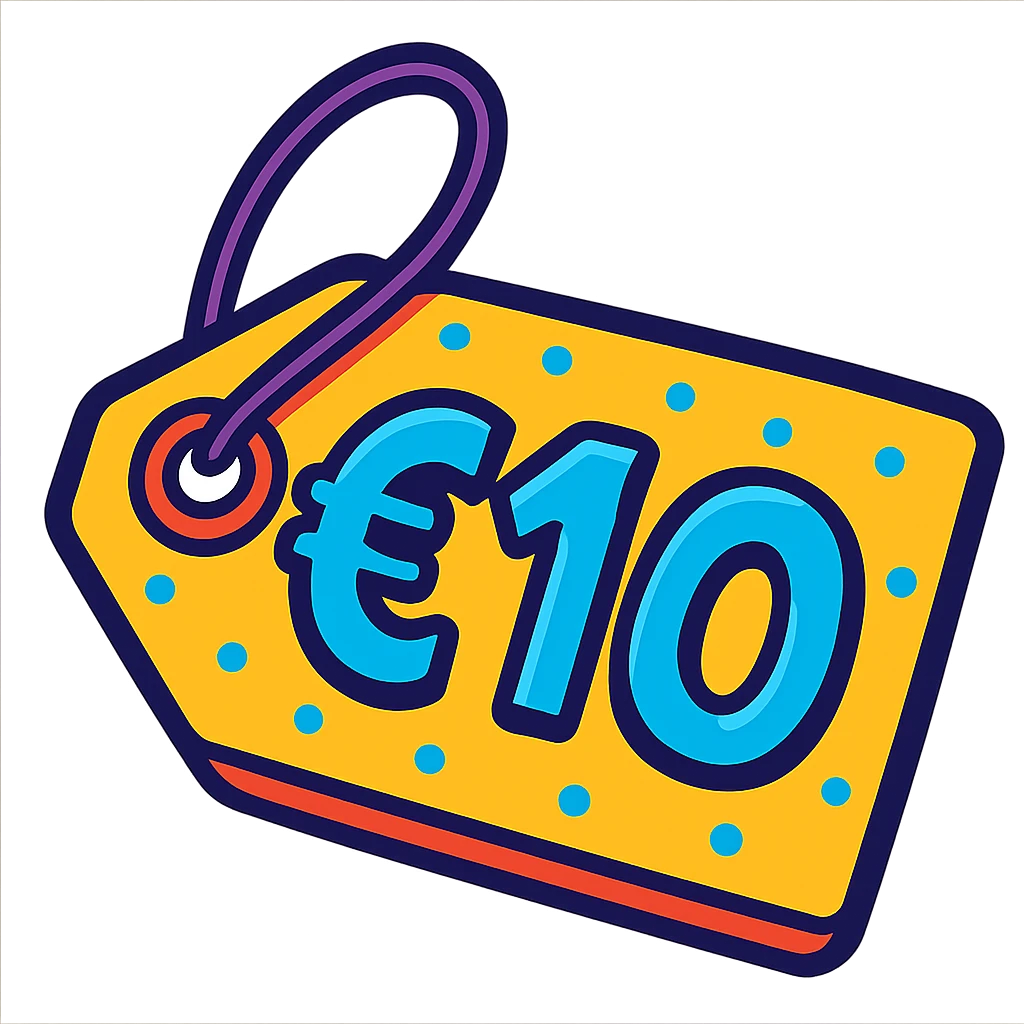 price tag with €10, playful and colorful look emoji