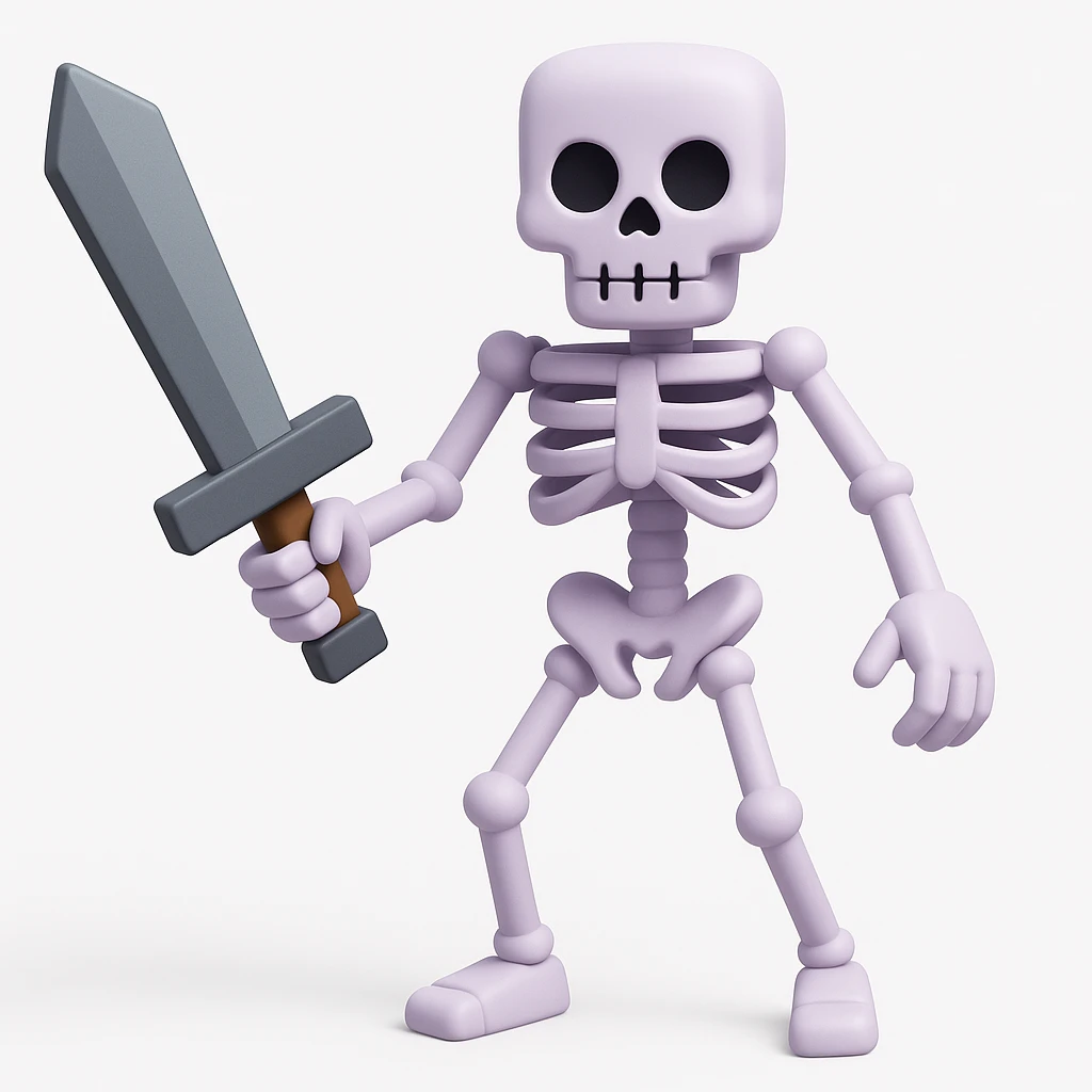Make the Minecraft skeleton hold a sword in the 3d emoji style emoji
