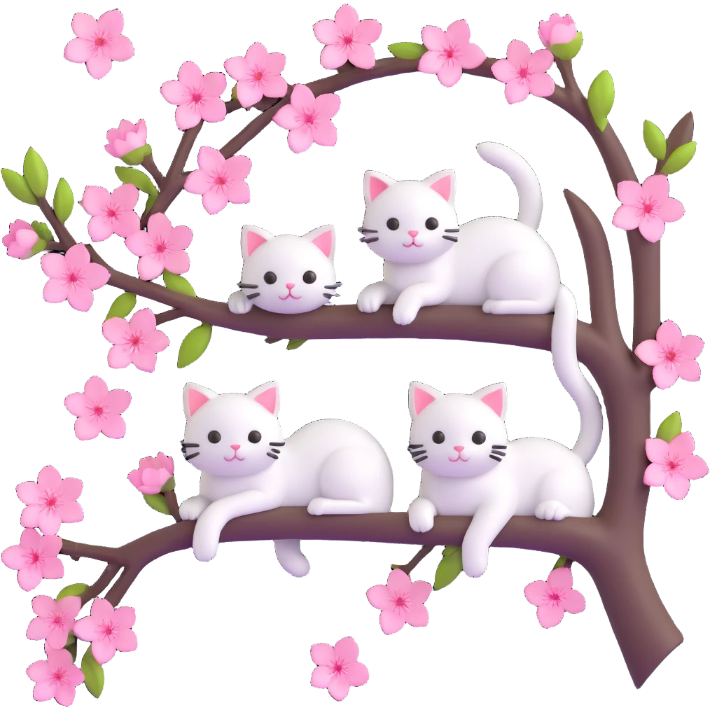 a cherry blossom branch with pink flowers and small white cats peeking out, detailed and realistic yet stylized, rounded petals, playful cats, iOS 3D style emoji