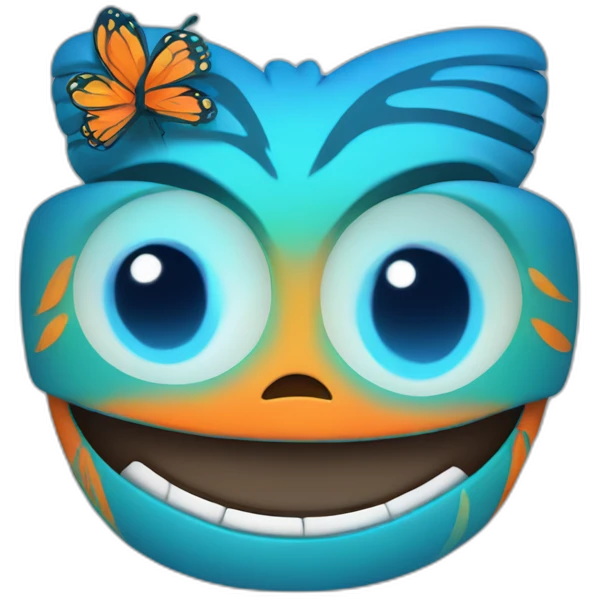 Cartoon Blue and orange smiling tiki with butterfly  emoji
