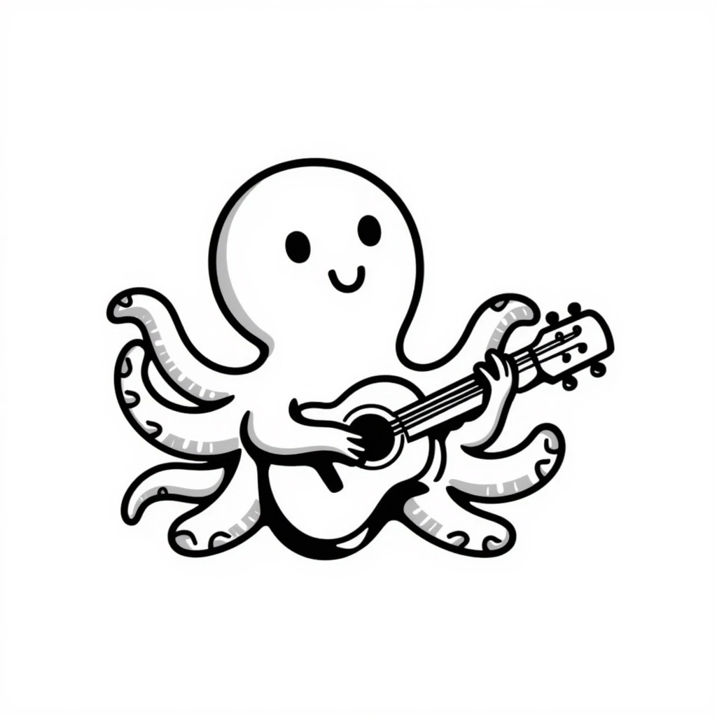 happy octopus with multiple arms playing guitar emoji