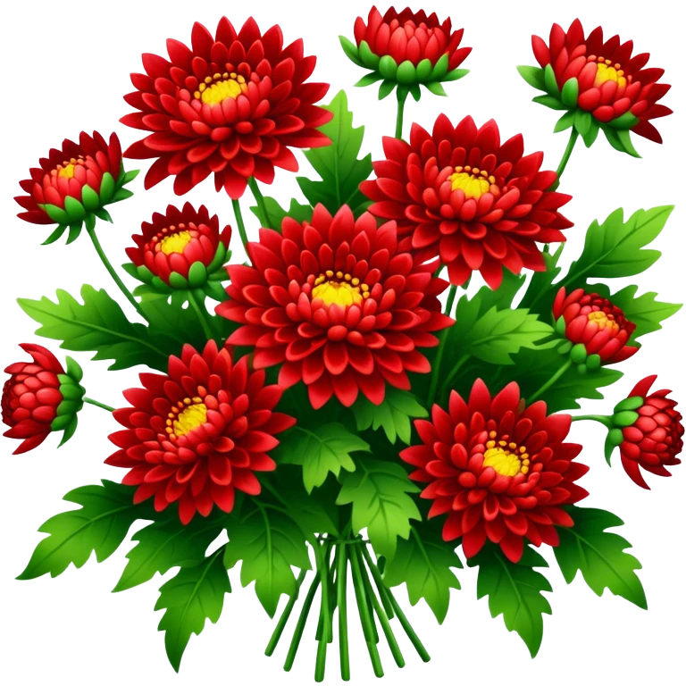 big bouquet Bright Red Chrysanthemum, luxuriant, leaf, bud emoji