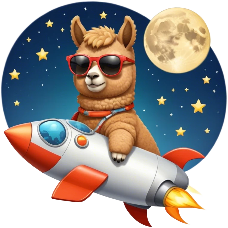 alpaca with sunglasses on rocket ship pointed to the moon emoji
