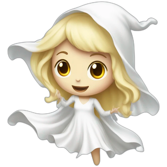 a blondie girl dressed as a ghost moving up the floor going to a party emoji