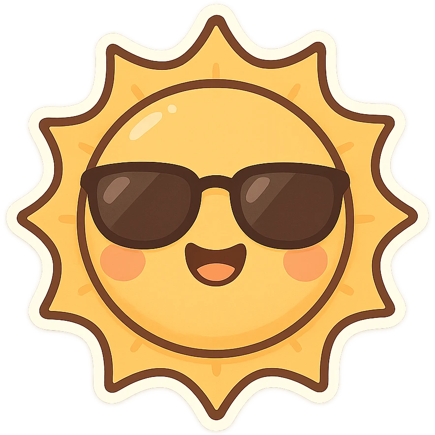 a smiling sun with sunglasses, chibi sticker style emoji