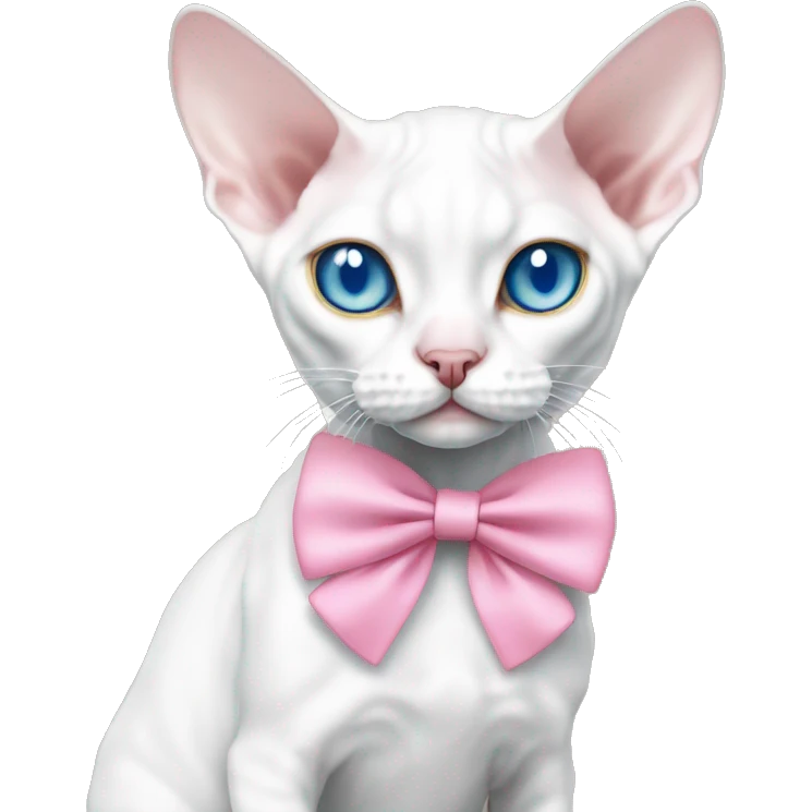 Slim white devon rex with light blue eyes and pink bow emoji
