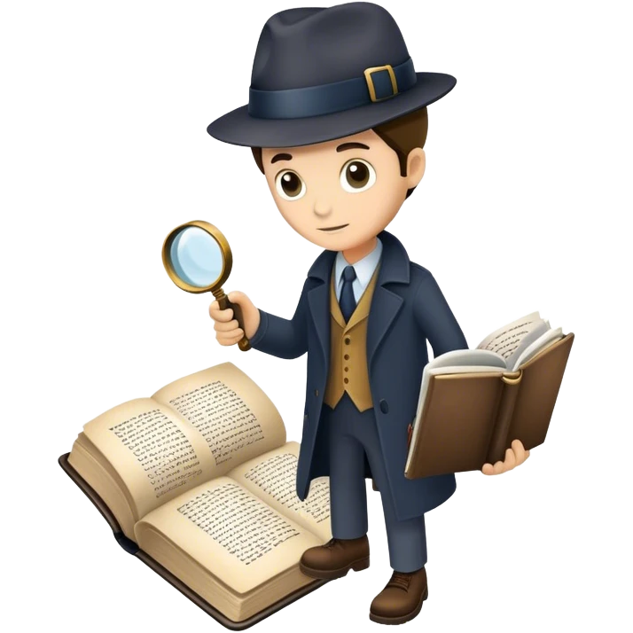 Icon for Detective Reading: an open book with text and a magnifying glass, a detective’s hat and a notebook with clues, surrounded by dark shadows and mysterious elements like footprints. Transparent background. emoji