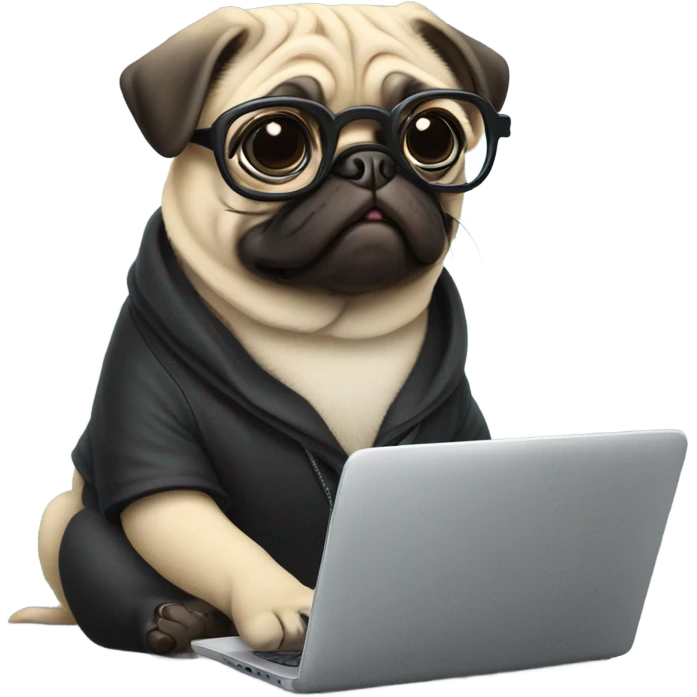 a pug wearing glasses with laptop emoji