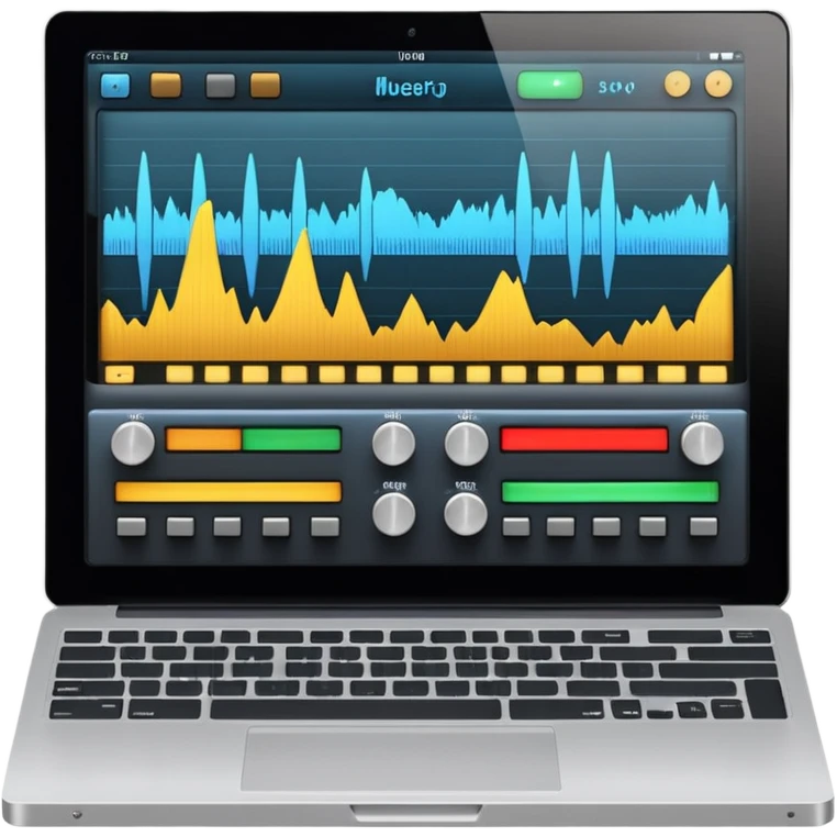 Close-up shot of a laptop screen clearly visible, showing a professional audio mixing interface focused on voice editing: audio level meters (VU meters) moving, voice waveform, volume faders, EQ panel, compressor, limiter, noise reduction, de-esser, gain controls emoji