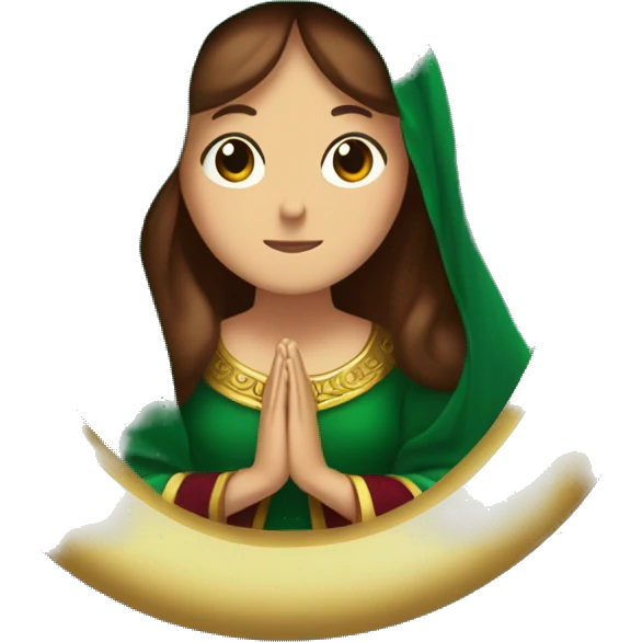 Virgin Mary: kind face looking down at the left, long brown hair, Wearing an emerald green  robe with gold stars and a burgundy red dress,  Hands in prayer or blessing. Halo around her head. standing on a crescent moon.  emoji