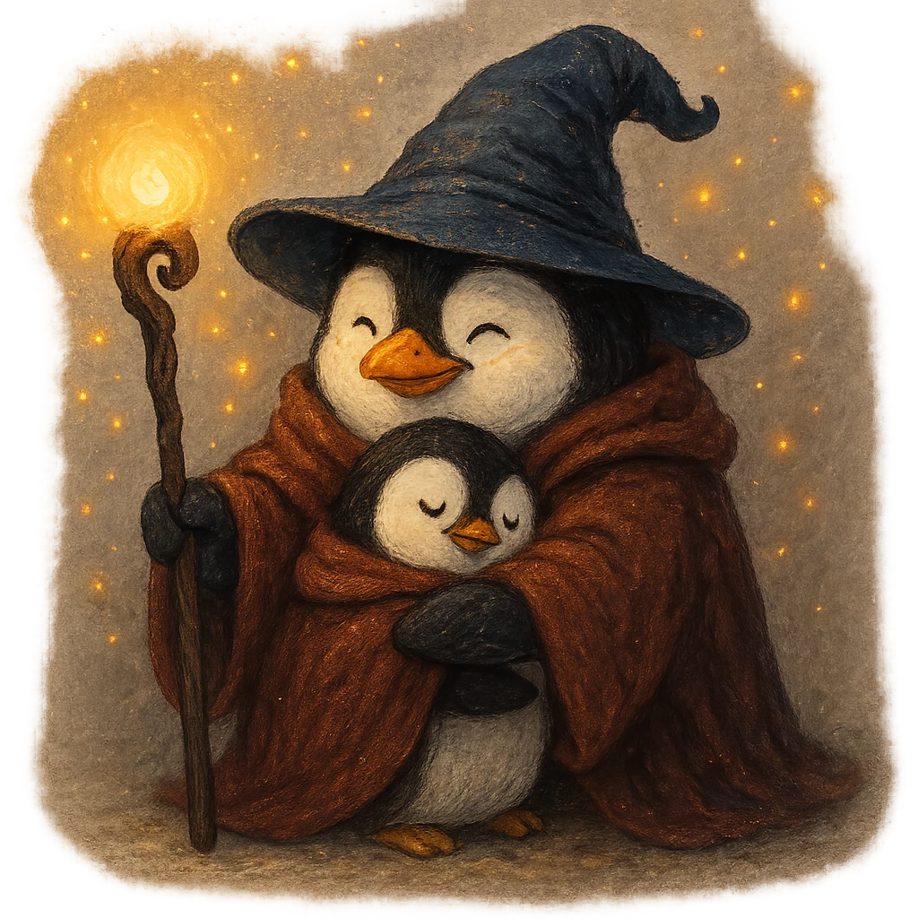 penguin wizard giving a warm hug, staff in hand, cozy atmosphere, magical ambiance emoji