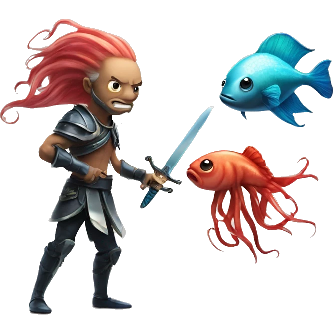 beta fish with sword fighting squid with gave emoji