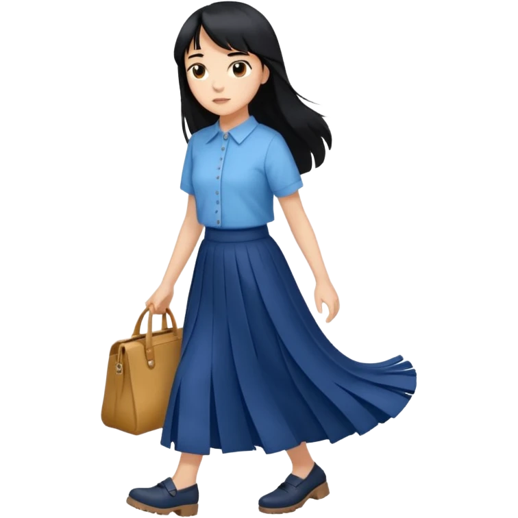 hair : black long hair with fringe 
skin : light 
cloth : oversize light blue shirt + navy long long skirt 
motion : walking without bag  emoji