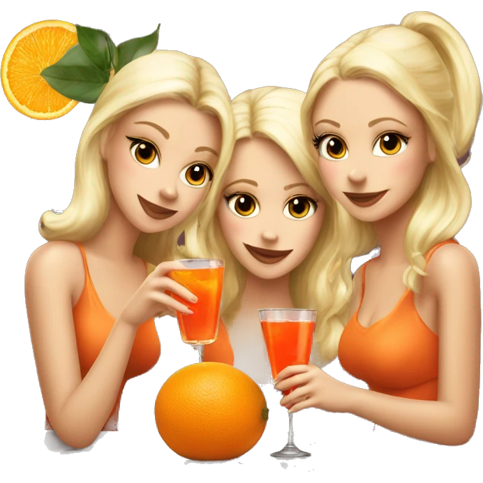 Three beautiful blond girls drinking aperol sitting on oranges emoji