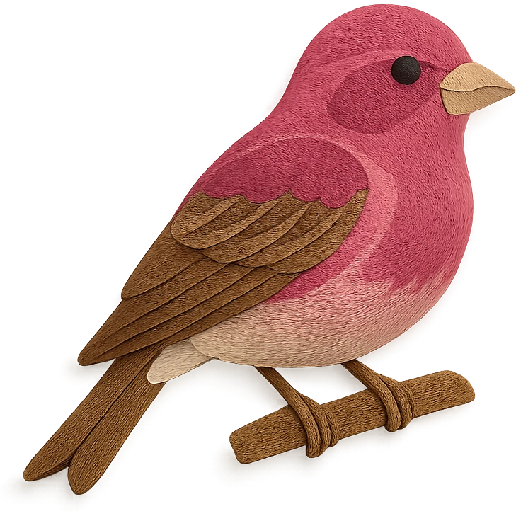 purple finch on a branch, layered paper details, vibrant raspberry and brown markings, naturalistic pose emoji