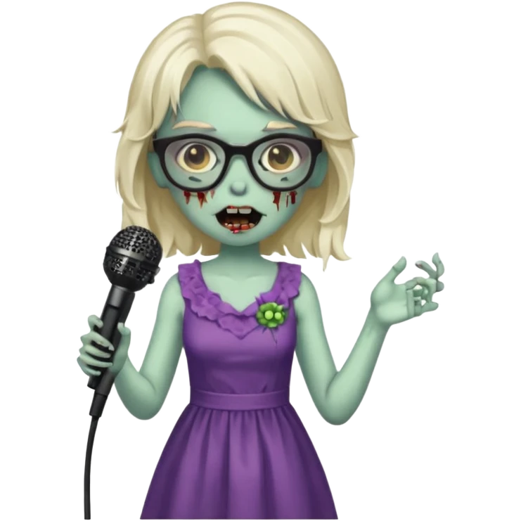 singer, Zombie girl, super happy, wearing dress, holding mic, glasses emoji