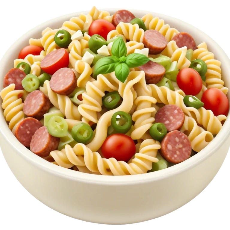 fusilli pasta salad with chopped sausage, chopped gherkins, chopped cocktail tomatoes and mayonnaise tomatoes and mayonnaise  emoji