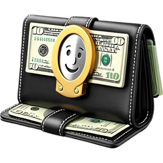 Rich emoji style black leather wallet with dollar bills, luxury money vibe, premium 3D emoji, ultra clean, high detail, no background
 emoji