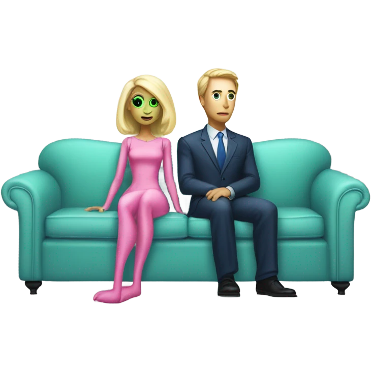 light green skin alien blonde woman in pink dress , and caucasian man in blue dress, sitting on a white couch  emoji