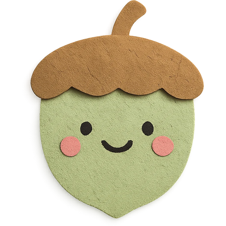 soft green acorn with a smiley face, hand-drawn kawaii style, paper craft style emoji