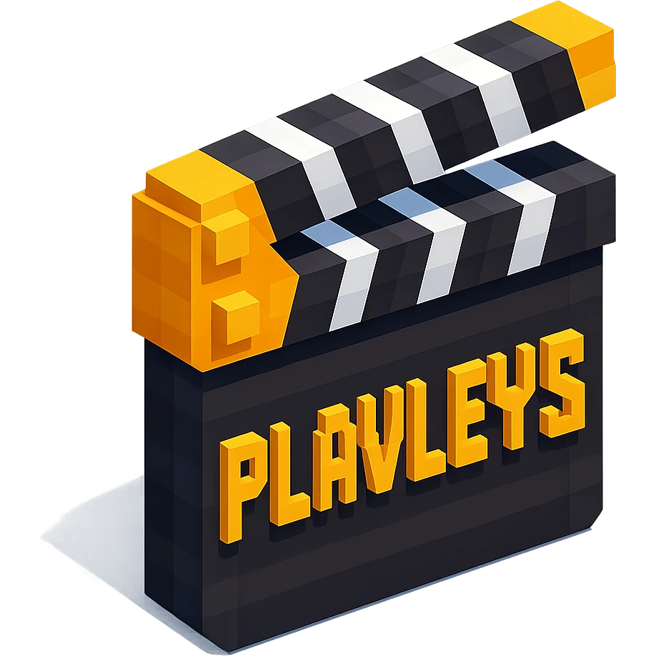 voxel style movie clapperboard with the text 'PLAVLEYS', gold lid, black and white stripes, isometric view emoji