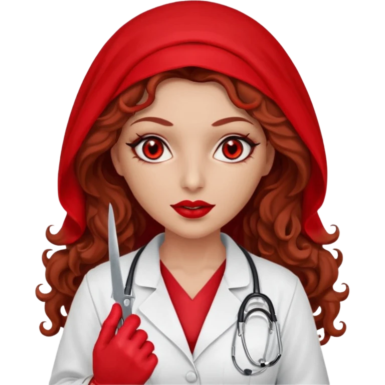 Lilith scalpel in hand, evil surgeon sexy surgeon clothes.  She has red eyes. She brown long curly hair. Wears sexy doctor outfit with red gloves. Wears red burka to hide her mouth and nose emoji