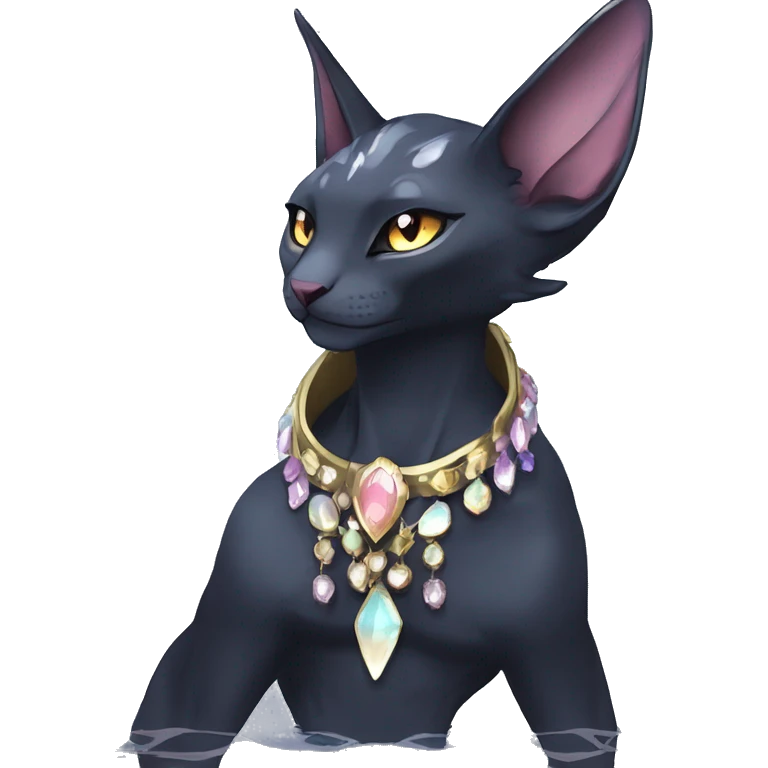 cool shiny kawaii anime edgy distinguished ethereal elegant beautiful fantasy black ethereal fantasy nargacuga-Noivern-sphynx-Quiana-Fakemon collar harness moon gem jewels full body emoji