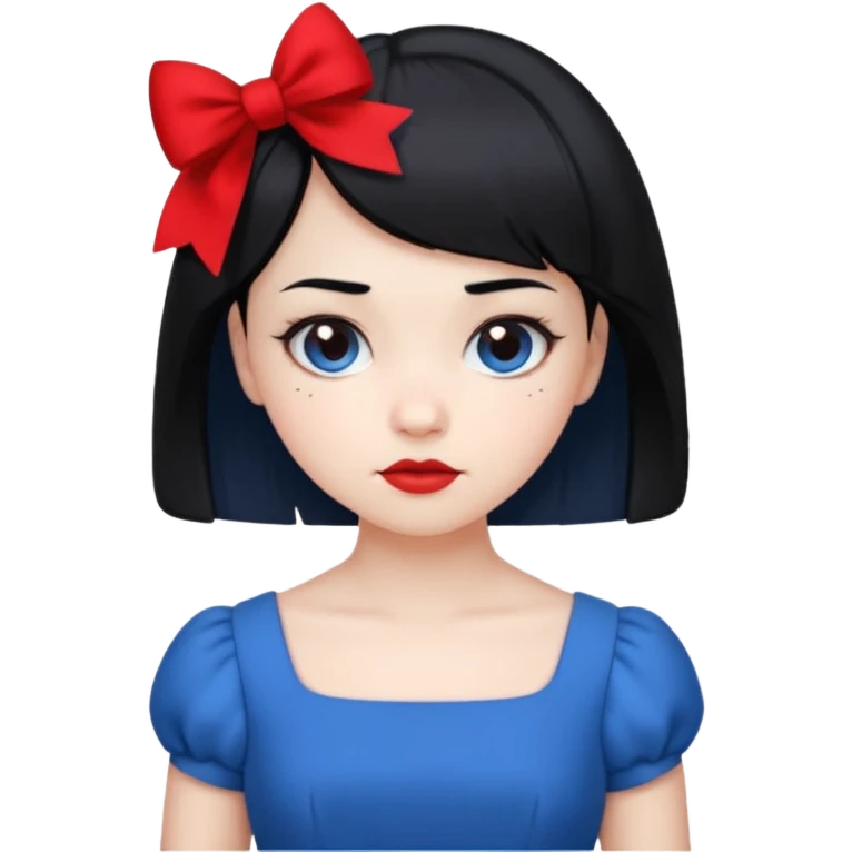 girl with white skin, short black hair, red bow, wearing a blue dress emoji